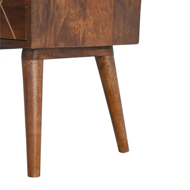 22" Chestnut Solid Wood Geometric Brass Inlay Two Drawer Nightstand