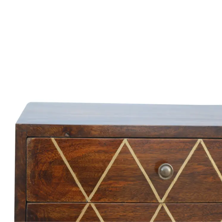 22" Chestnut Solid Wood Geometric Brass Inlay Two Drawer Nightstand
