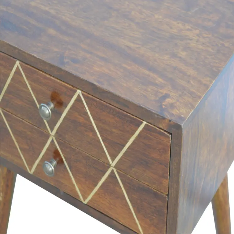 22" Chestnut Solid Wood Geometric Brass Inlay Two Drawer Nightstand