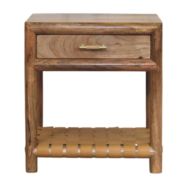 20" Light Brown Solid Wood One Drawer Nightstand With Leather Shelf