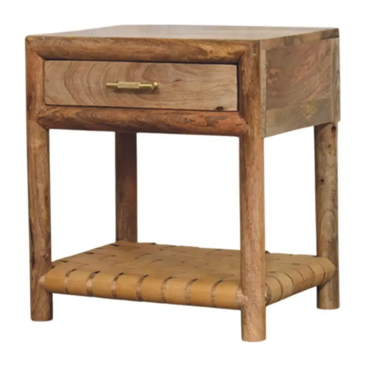 20" Light Brown Solid Wood One Drawer Nightstand With Leather Shelf