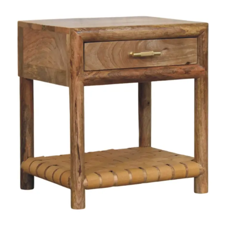 20" Light Brown Solid Wood One Drawer Nightstand With Leather Shelf
