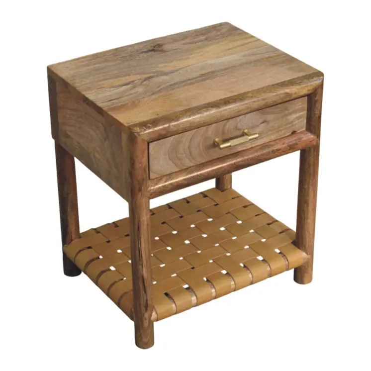 20" Light Brown Solid Wood One Drawer Nightstand With Leather Shelf