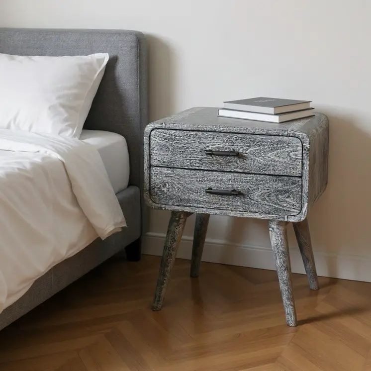 22" Gray Solid Wood Distressed Two Drawer Nightstand