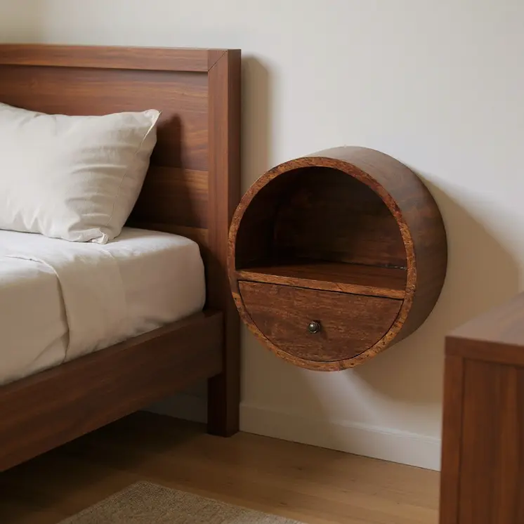 16" Chestnut Solid Wood Round One Drawer Floating Nightstand