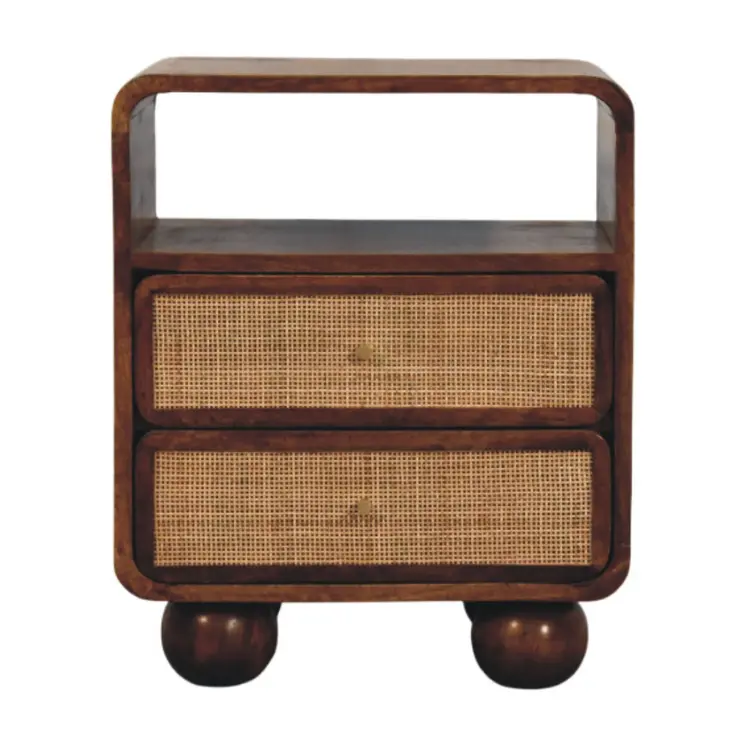 22" Chestnut And Natural Solid Wood Cane Rattan Two Drawer Nightstand