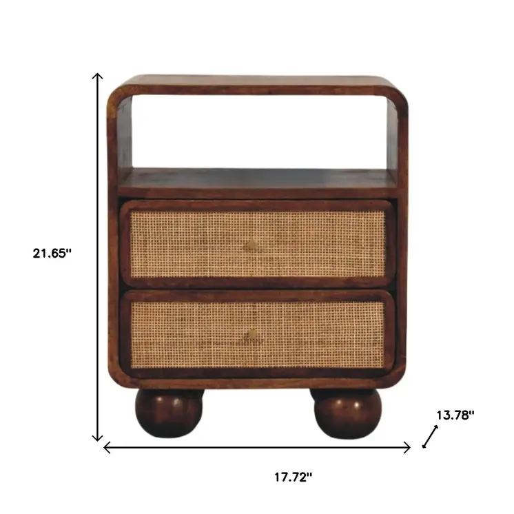 22" Chestnut And Natural Solid Wood Cane Rattan Two Drawer Nightstand