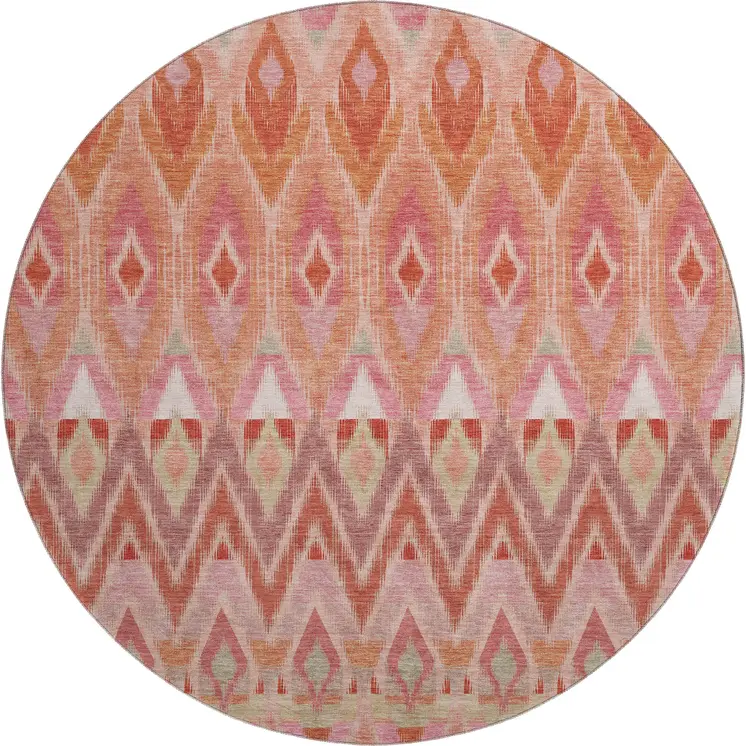 8' Pink Orange And Mint Green Southwestern Washable Round Rug With UV Protection