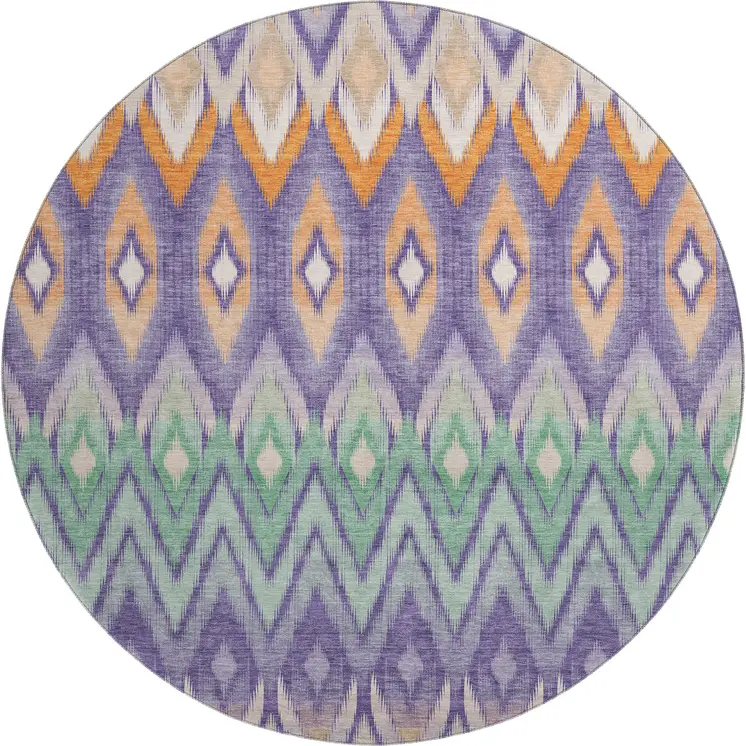 8' Purple Mint Green And Beige Southwestern Washable Round Rug With UV Protection