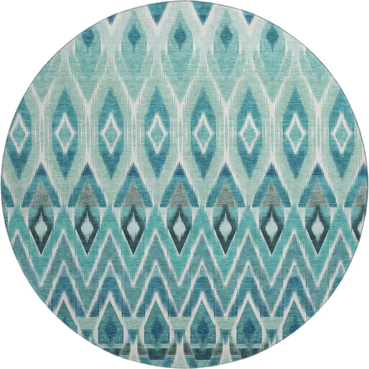 8' Teal White And Gray Southwestern Washable Round Rug With UV Protection