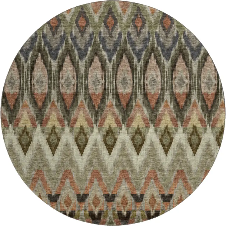 8' Taupe Olive Green And Beige Southwestern Washable Round Rug With UV Protection