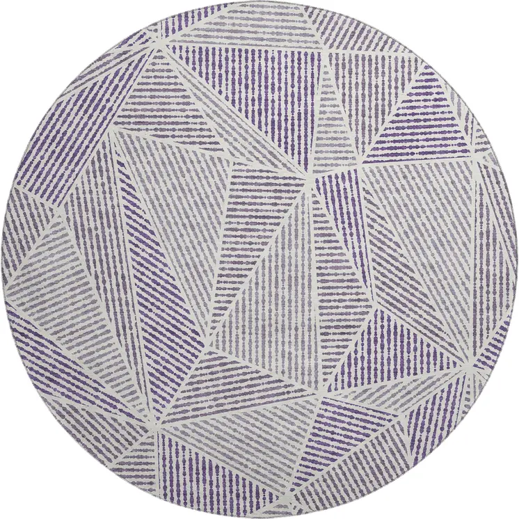 8' Purple And Silver Geometric Washable Round Rug With UV Protection