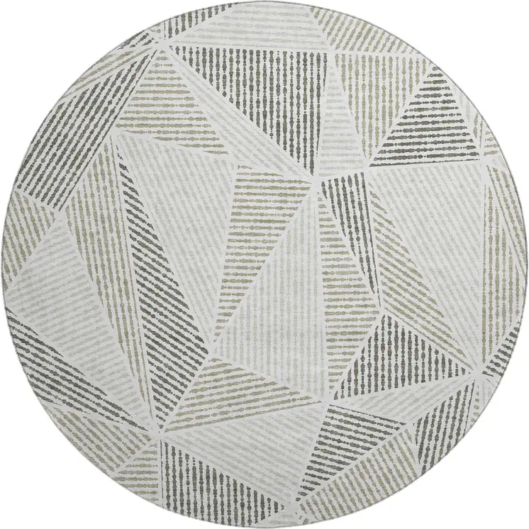 8' Taupe And Silver Geometric Washable Round Rug With UV Protection