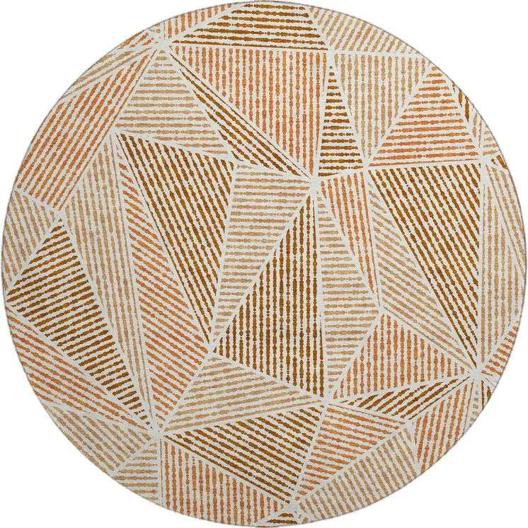 8' Terra Cotta And Beige Geometric Washable Round Rug With UV Protection