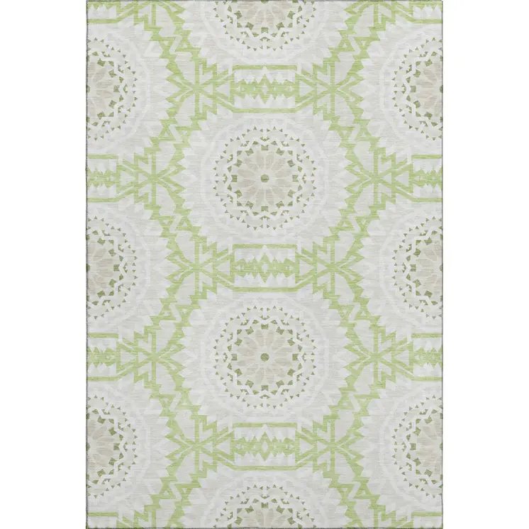 5' X 8' Artichoke Green And Ivory Geometric Washable Area Rug With UV Protection