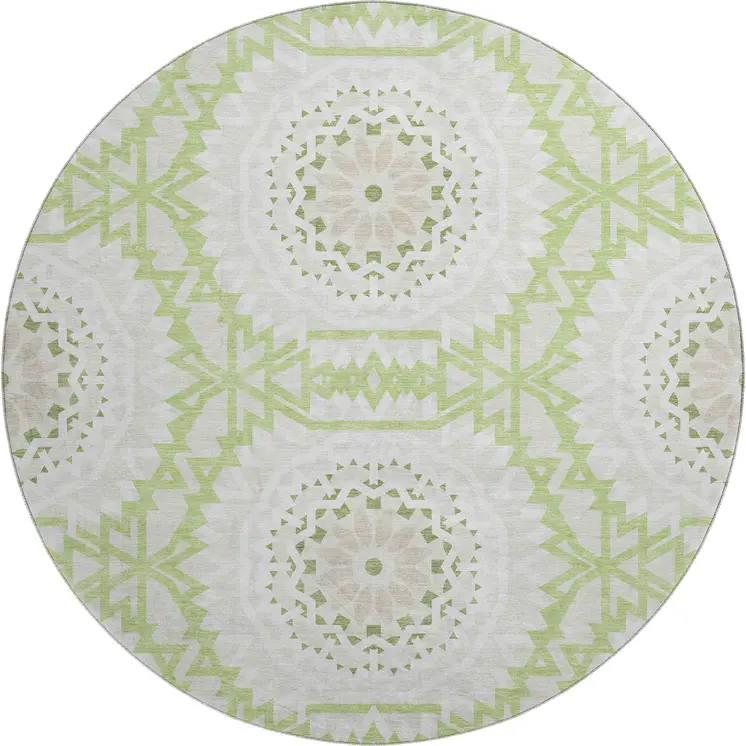 8' Artichoke Green And Ivory Geometric Washable Round Rug With UV Protection