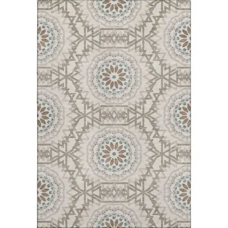 3' X 5' Beige Teal And Brown Geometric Washable Area Rug With UV Protection