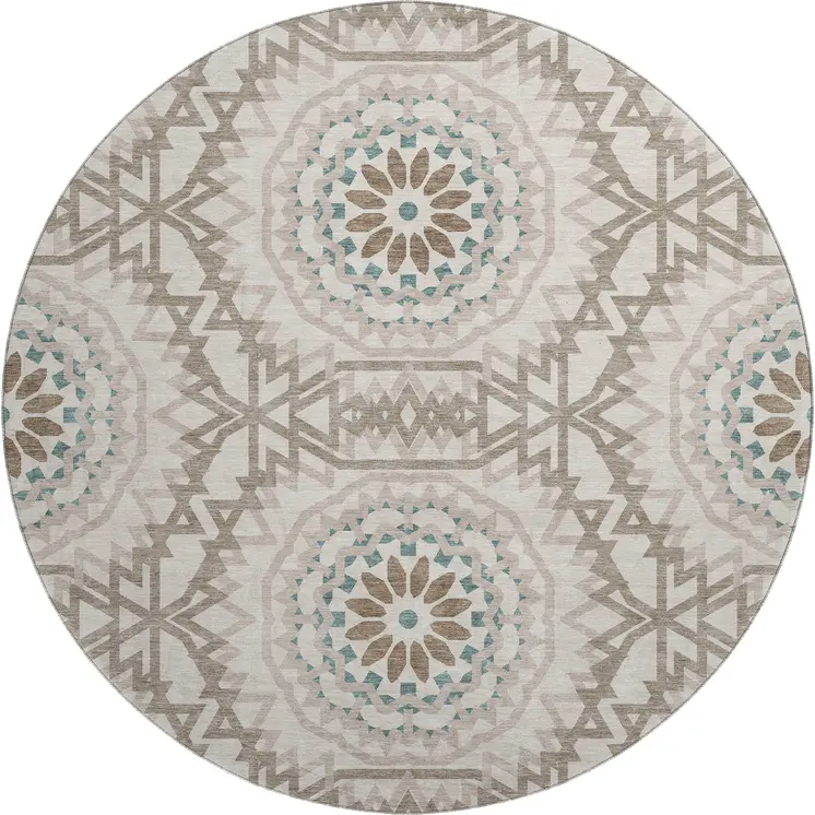 8' Beige Teal And Brown Geometric Washable Round Rug With UV Protection