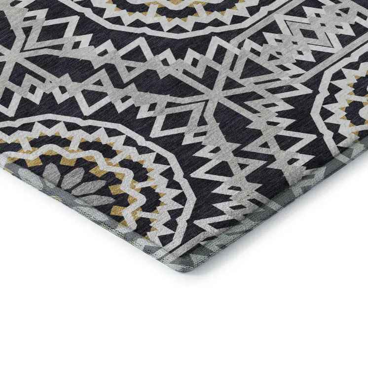 5' X 8' Black Ivory And Gold Geometric Washable Area Rug With UV Protection