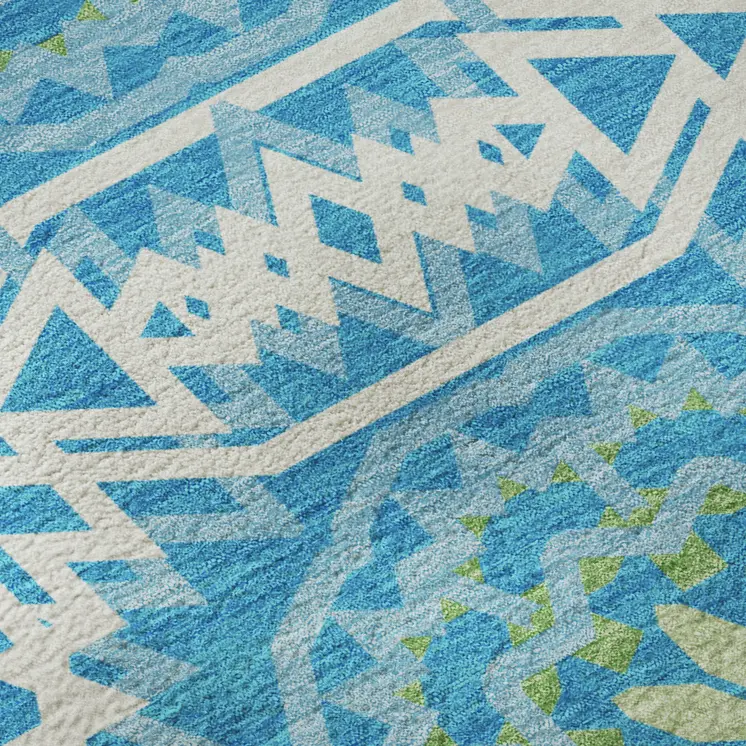 5' X 8' Blue Ivory And Olive Green Geometric Washable Area Rug With UV Protection