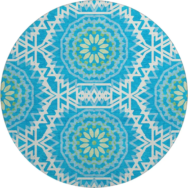 8' Blue Ivory And Olive Green Geometric Washable Round Rug With UV Protection