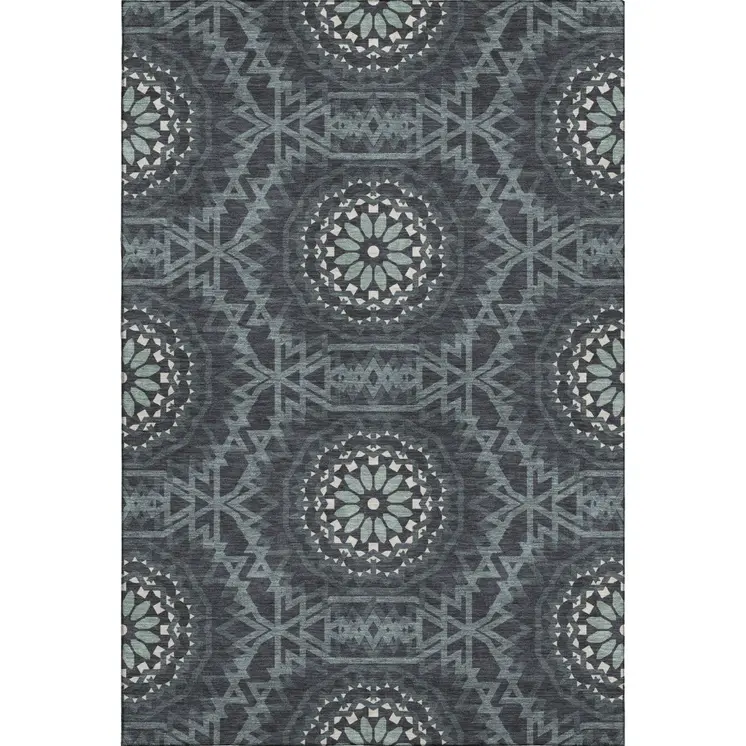 3' X 5' Charcoal And Ivory Geometric Washable Area Rug With UV Protection