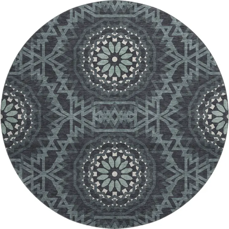 8' Charcoal And Ivory Geometric Washable Round Rug With UV Protection