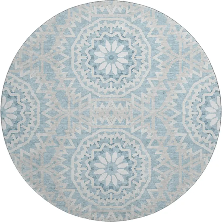 8' Denim Blue And Ivory Geometric Washable Round Rug With UV Protection