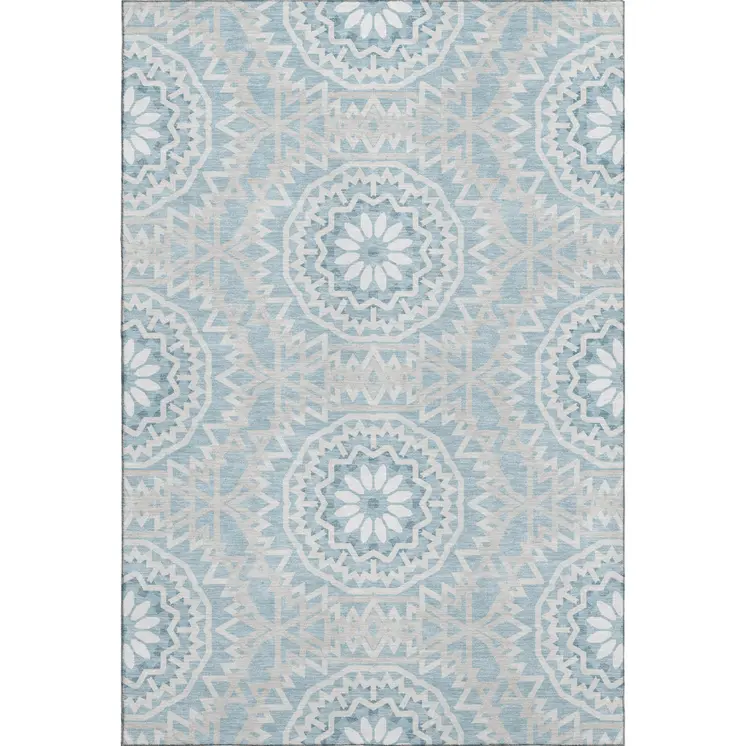 9' X 12' Denim Blue And Ivory Geometric Washable Area Rug With UV Protection
