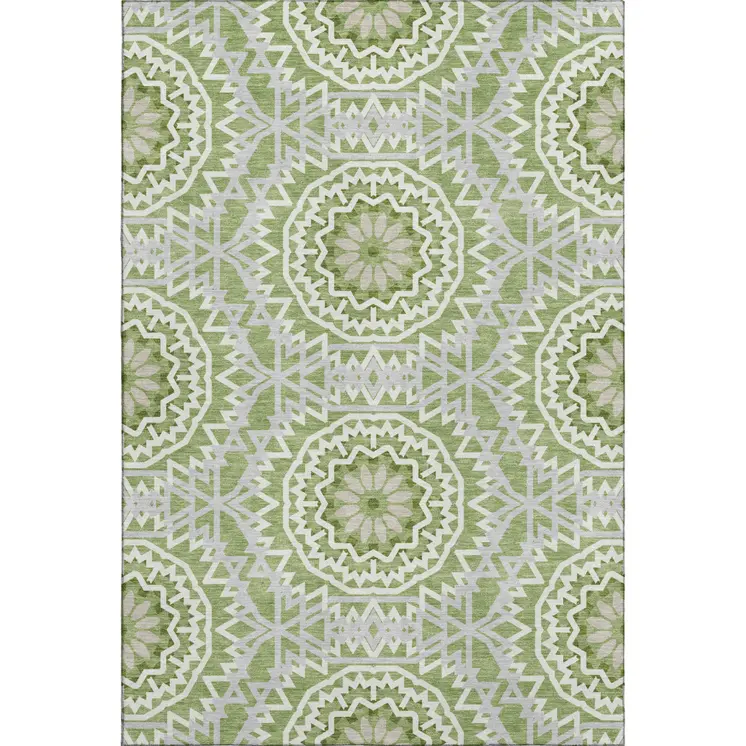 5' X 8' Green And Ivory Geometric Washable Area Rug With UV Protection