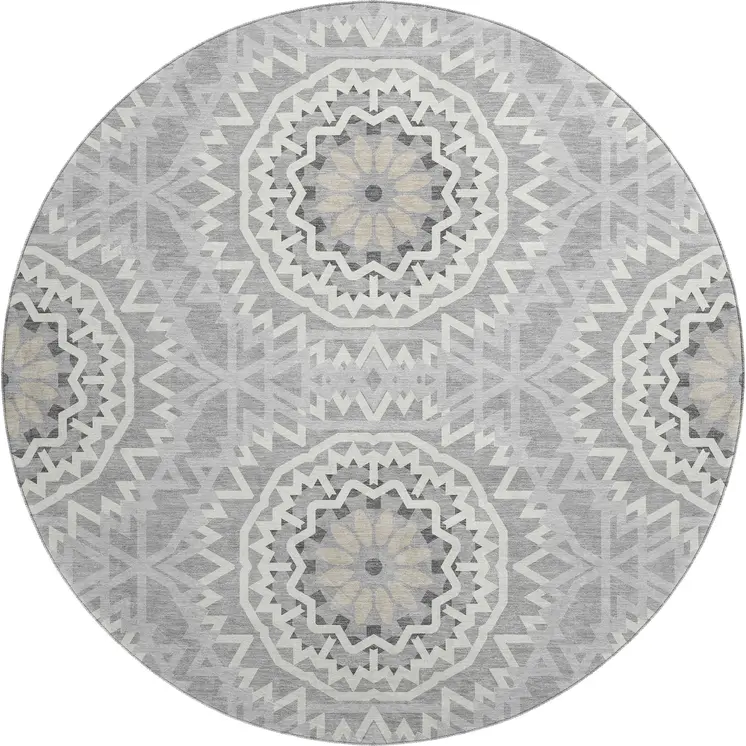 8' Gray And Ivory Geometric Washable Round Rug With UV Protection