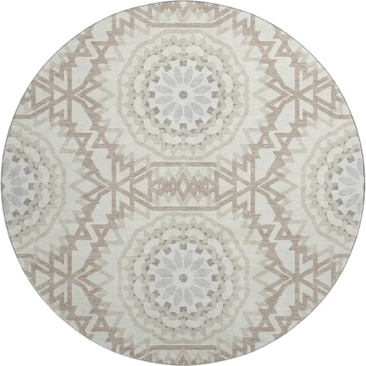 8' Ivory And Gray Geometric Washable Round Rug With UV Protection