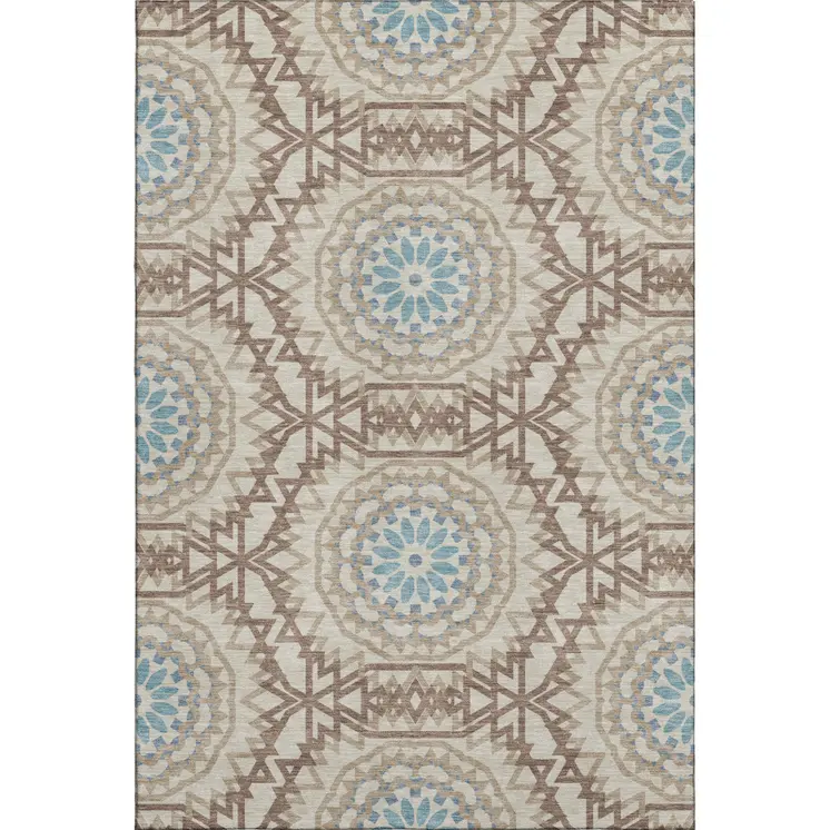 5' X 8' Khaki And Teal Geometric Washable Area Rug With UV Protection