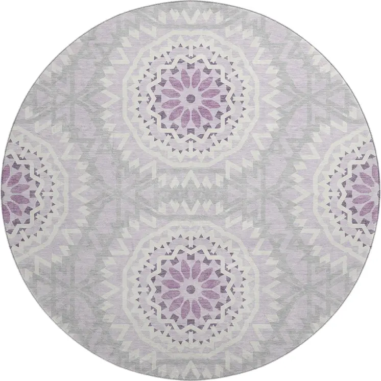 8' Lilac And Ivory Geometric Washable Round Rug With UV Protection