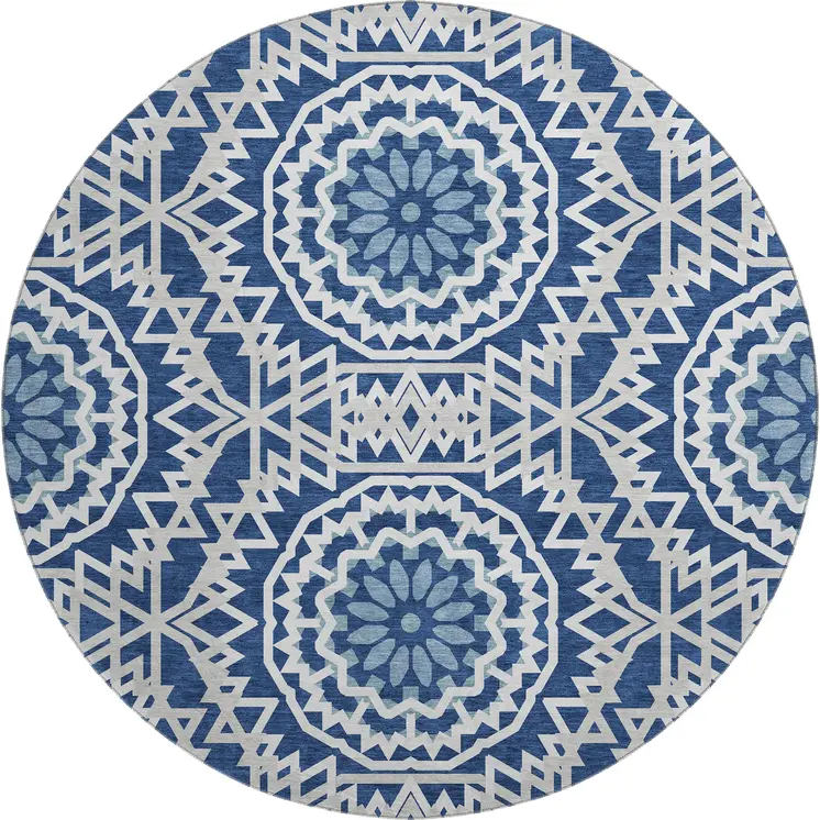 8' Navy Blue And Ivory Geometric Washable Round Rug With UV Protection