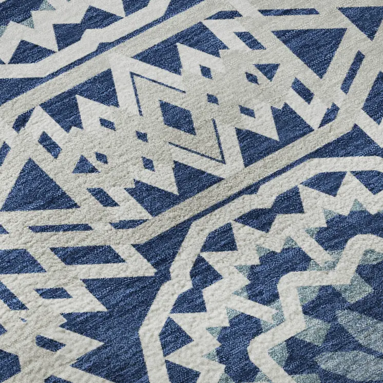 8' X 10' Navy Blue And Ivory Geometric Washable Area Rug With UV Protection