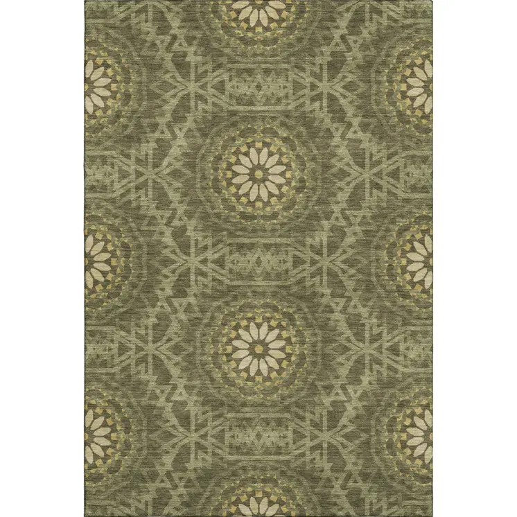 5' X 8' Olive Green And Gold Geometric Washable Area Rug With UV Protection