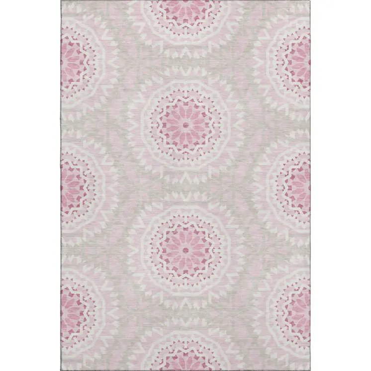 5' X 8' Pink And Ivory Geometric Washable Area Rug With UV Protection