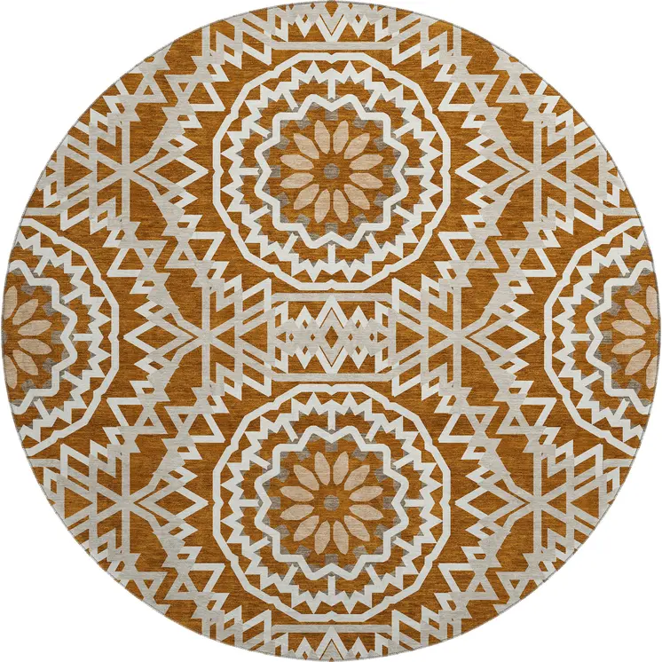 8' Chili Red And Ivory Geometric Washable Round Rug With UV Protection