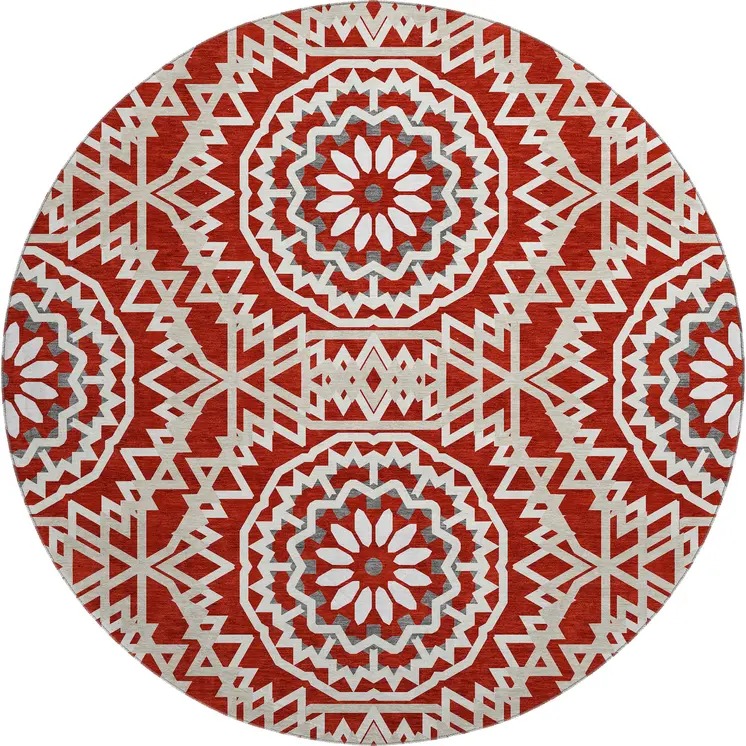 8' Red And Ivory Geometric Washable Round Rug With UV Protection