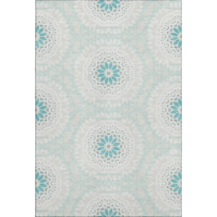 3' X 5' Teal And Ivory Geometric Washable Area Rug With UV Protection