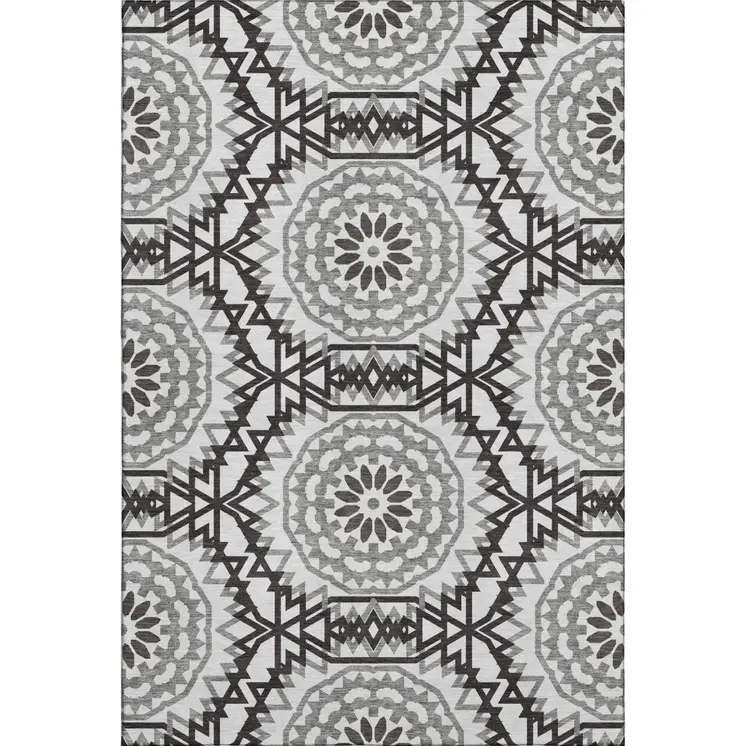 3' X 5' White And Black Geometric Washable Area Rug With UV Protection