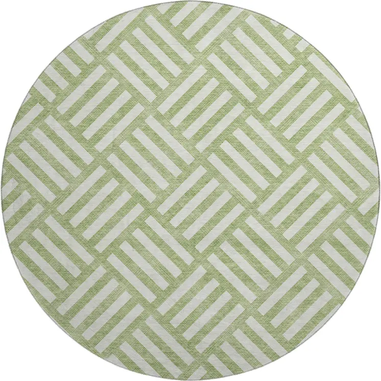 8' Artichoke Green And Ivory Geometric Washable Round Rug With UV Protection