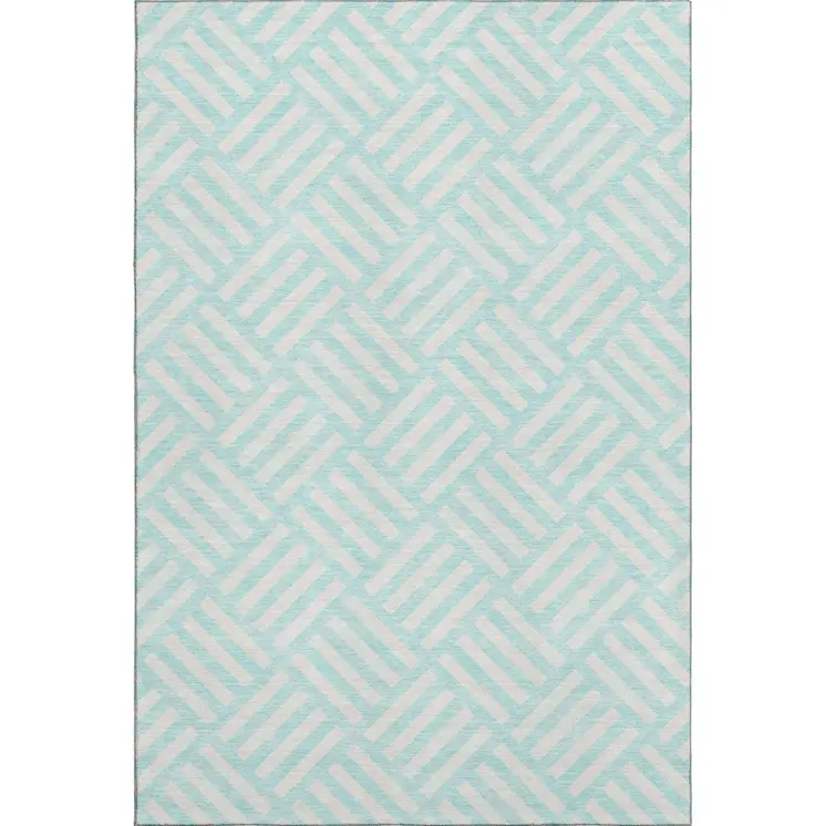 5' X 8' Aqua And Ivory Geometric Washable Area Rug With UV Protection