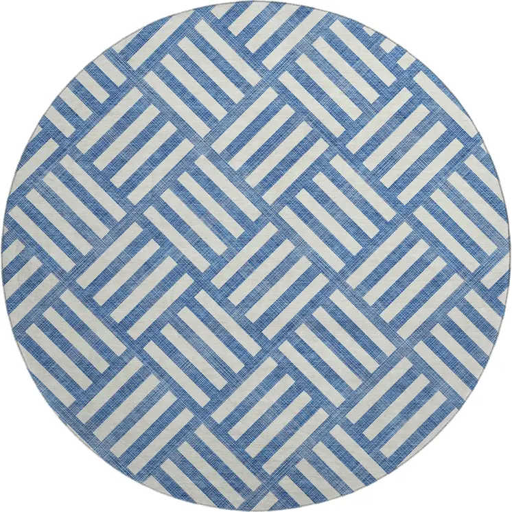 8' Blue And Ivory Geometric Washable Round Rug With UV Protection