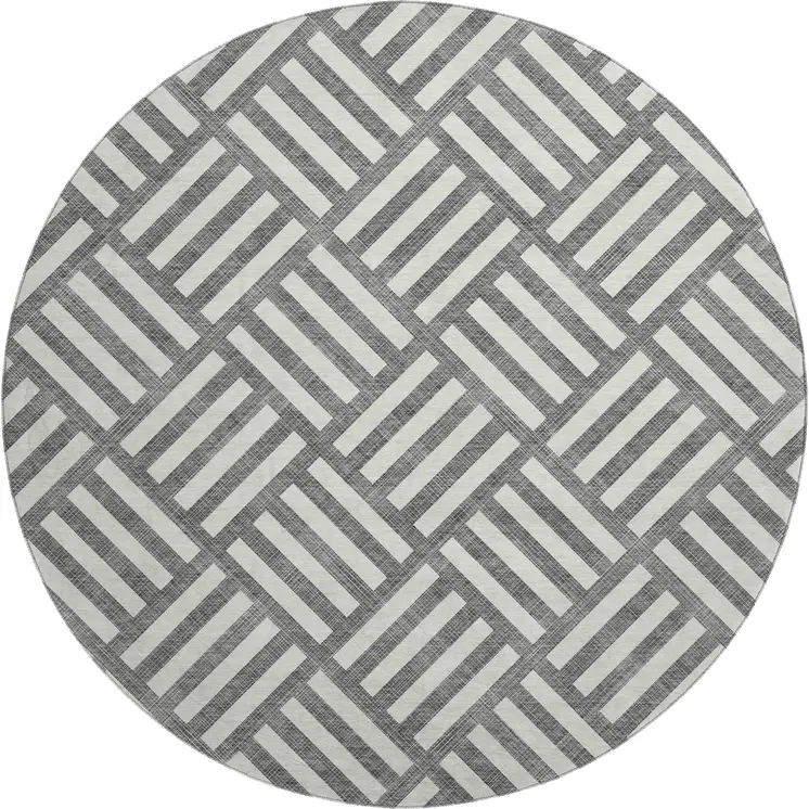 8' Charcoal And Ivory Geometric Washable Round Rug With UV Protection