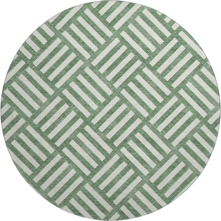 8' Green And Ivory Geometric Washable Round Rug With UV Protection