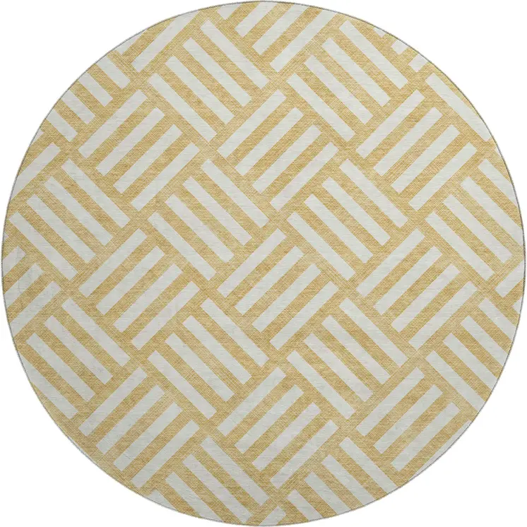 8' Gold And Ivory Geometric Washable Round Rug With UV Protection