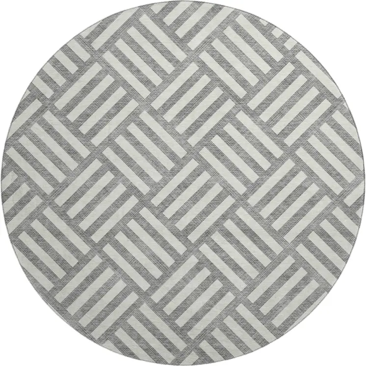 8' Gray And Ivory Geometric Washable Round Rug With UV Protection
