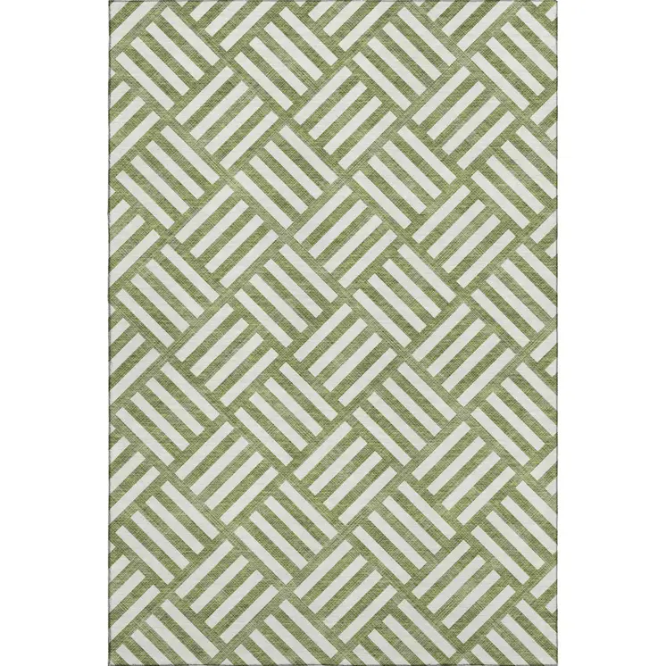 5' X 8' Olive Green And Ivory Geometric Washable Area Rug With UV Protection